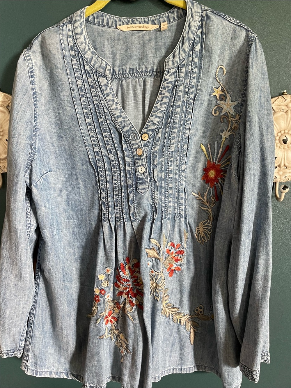 Soft Surroundings Light Blue Embroidered Denim Tunic with Red Floral